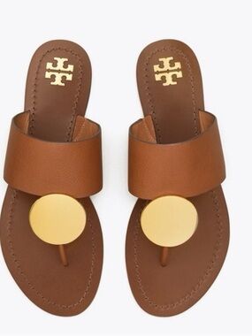 Tory Burch Patos Disc Leather Slide Sandals with Gold Disc